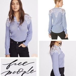 Free People Thermal Shirt Waffle Knit Henley Top Embroidered Lavender Top XS